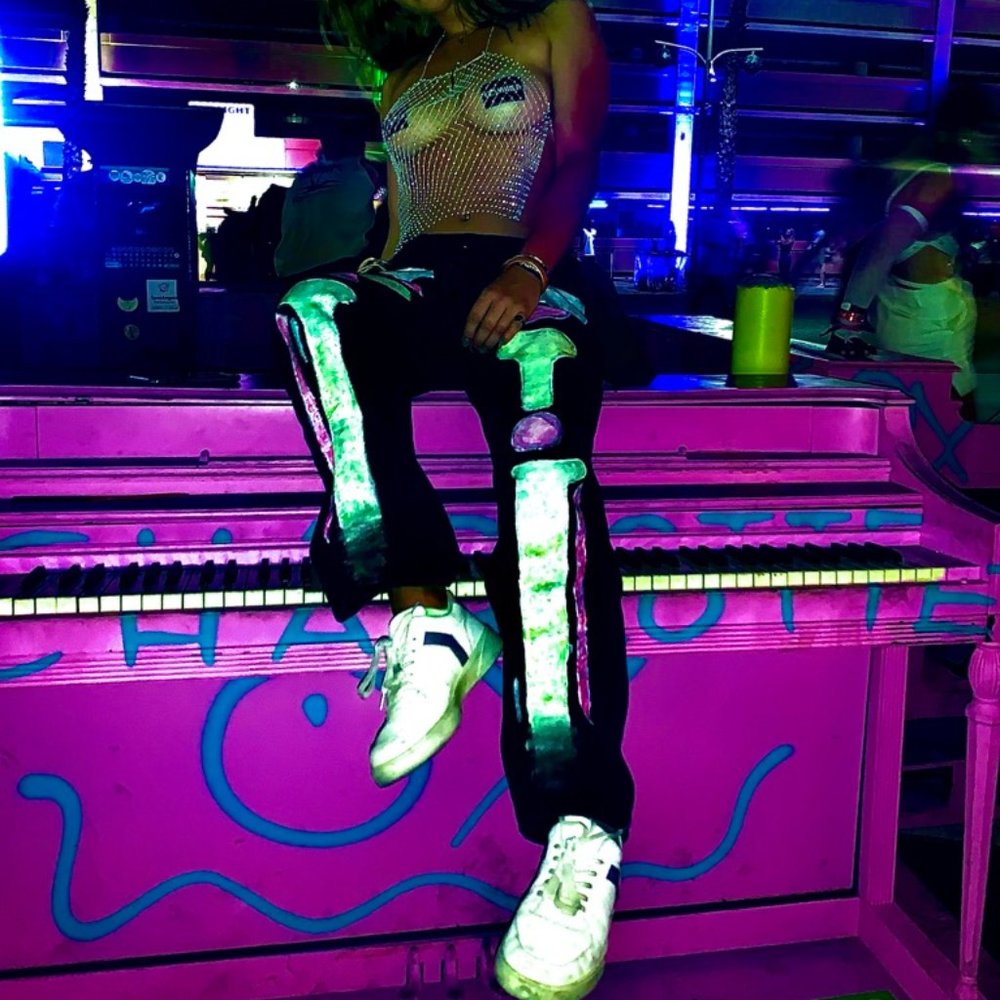 neon glow in the dark skeleton hand painted pants/ black levi jeans